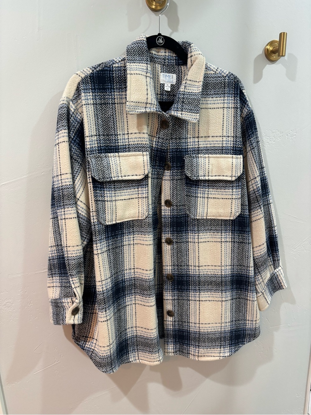 Time and Tru Cream and Navy Plaid Shacket